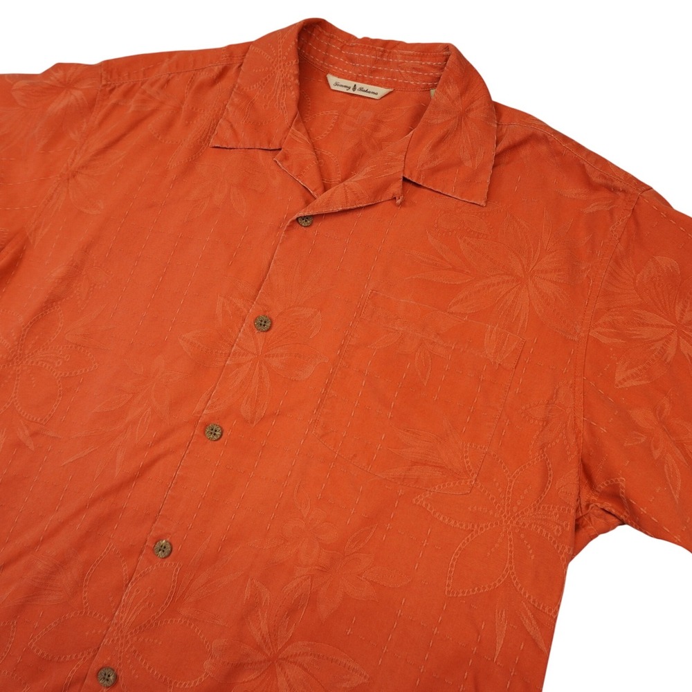 Tommy Bahama Button Up Mens L Orange Silk Tropical Jacquard Hawaiian Shirt